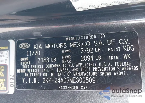 2021 Kia Forte Lxs из США, поврежденный, VIN 3KPF24AD7ME306509